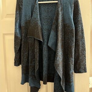 Kasper Blue and Black Open-Front Draped Cardigan